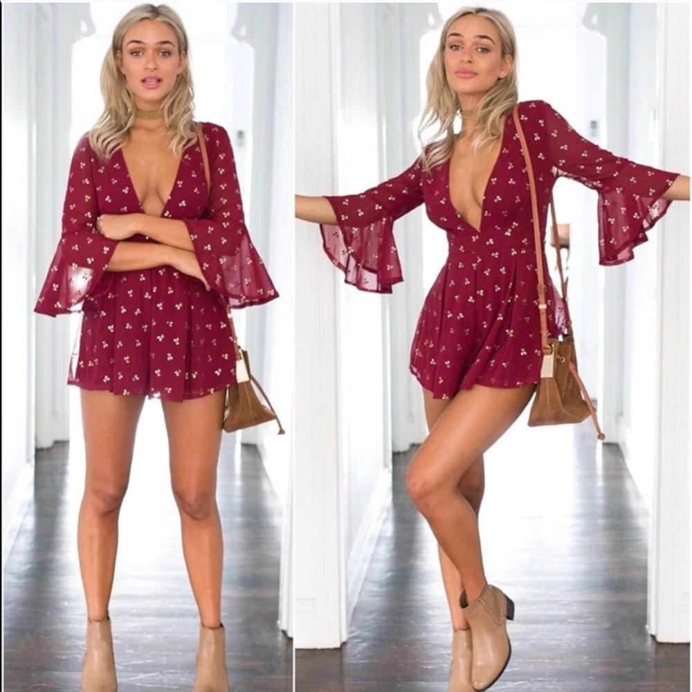Red Wine Cherry Bell Sleeve Romper 🍒